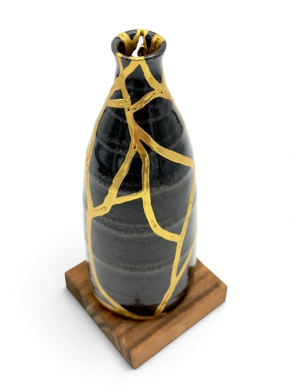 Kintsugi Vase Striped Black Pottery Gold Crack Art Growth Anniversary Gift